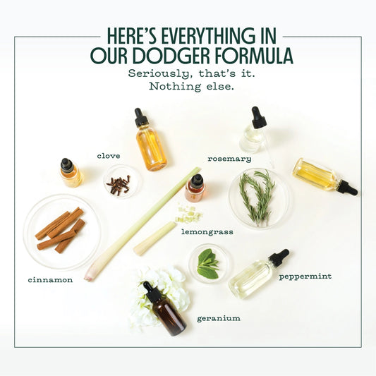Collection of ingredients for Murphys Dodge Repellant  essential oil bottles and herbs with labels on a white background