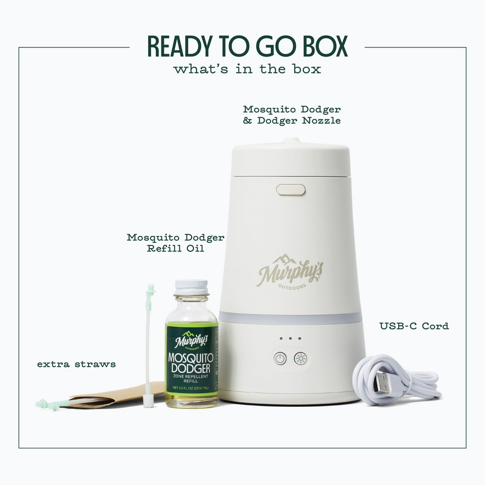 Mosquito repellent product set with Mosquito Dodger, refill oil, and USB-C cord on a white background.
