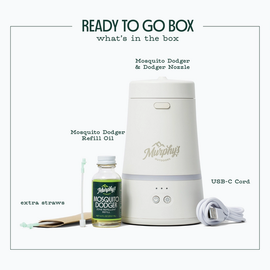 Mosquito repellent product set with Mosquito Dodger, refill oil, and USB-C cord on a white background.