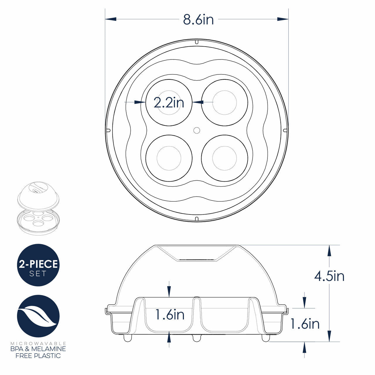 Technical drawing of a round food container with dimensions and features labeled.