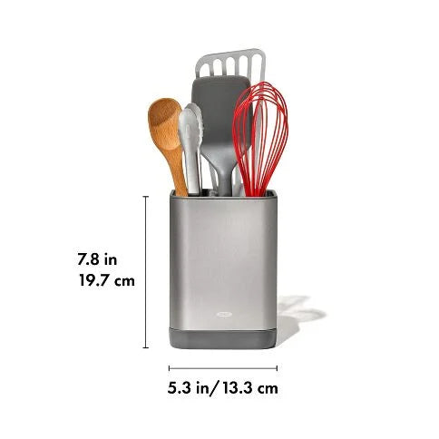 Kitchen utensil holder with measuring dimensions on a white background
