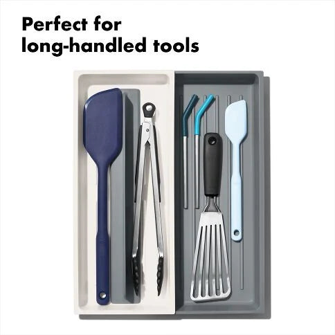 Set of kitchen utensils including a spatula, tongs, and ladle in a carrying case with text 'Perfect for long-handled tools'.
