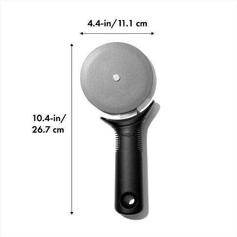 Pizza cutter with measurements on a white background