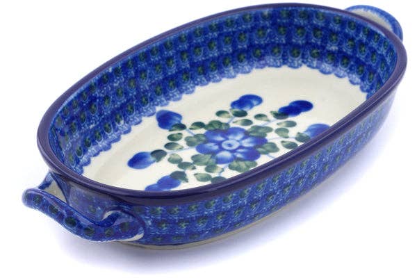 Oval Baker with Handles 8-inch Blue Poppies Theme