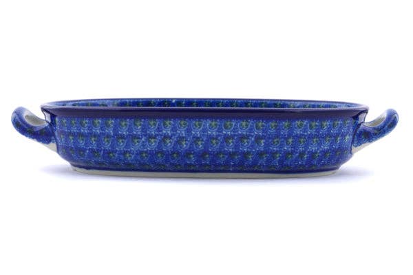Oval Baker with Handles 8-inch Blue Poppies Theme Side