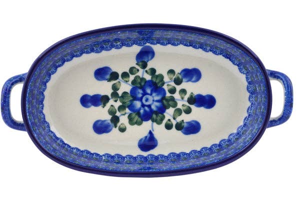 Oval Baker with Handles 8-inch Blue Poppies Theme Top