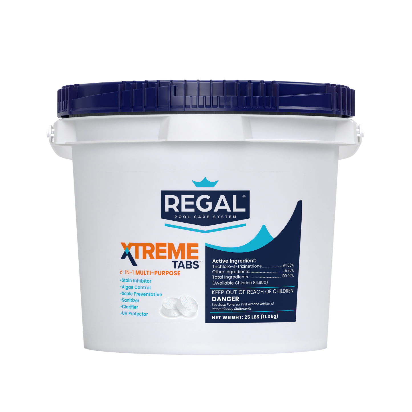 White bucket with blue lid labeled 'Regal Xtreme Tabs' on a white background