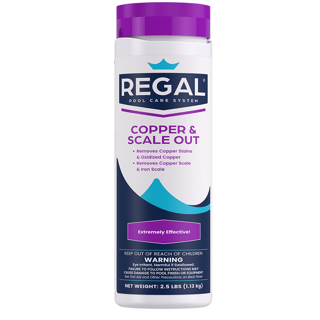 Regal pool care product for copper and scale removal on a white background