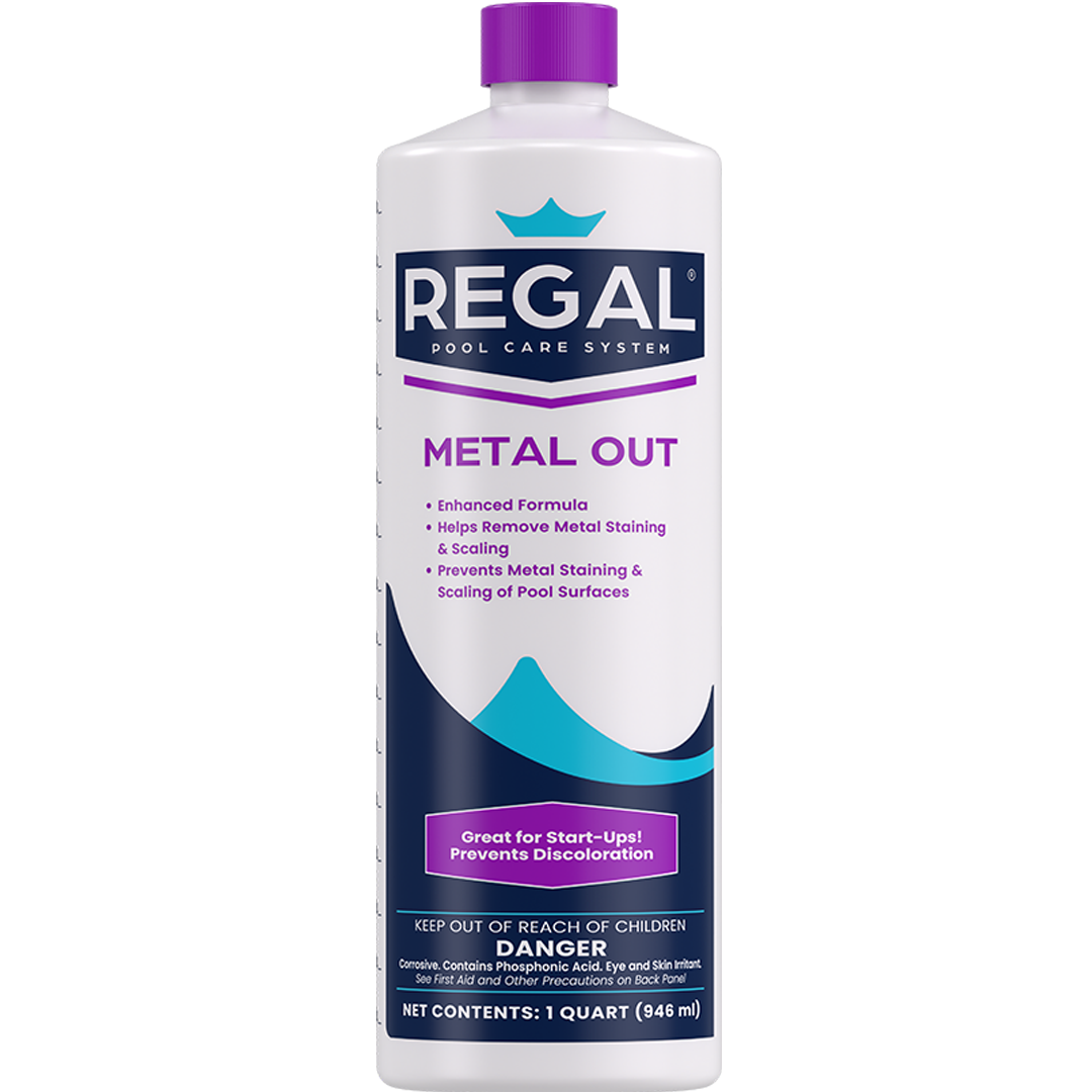 Regal pool care system metal out product bottle on a white background