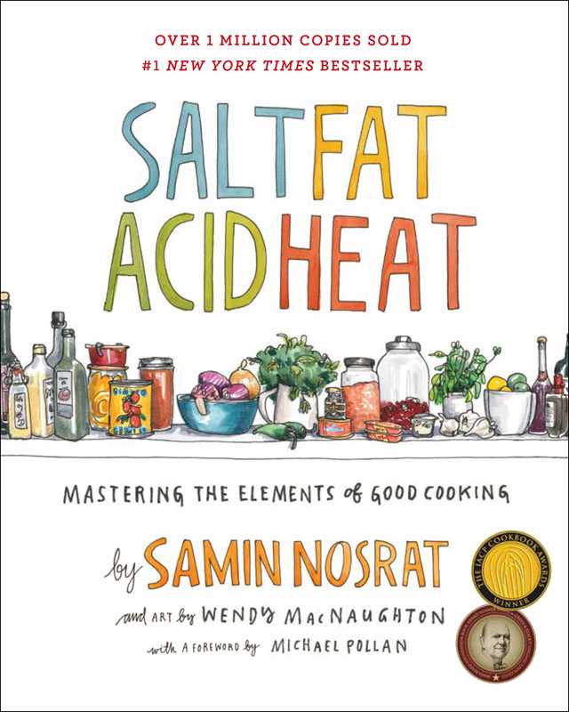 Book cover of 'Salt Fat Acid Heat' by Samin Nosrat with colorful text and illustrations of kitchen items.