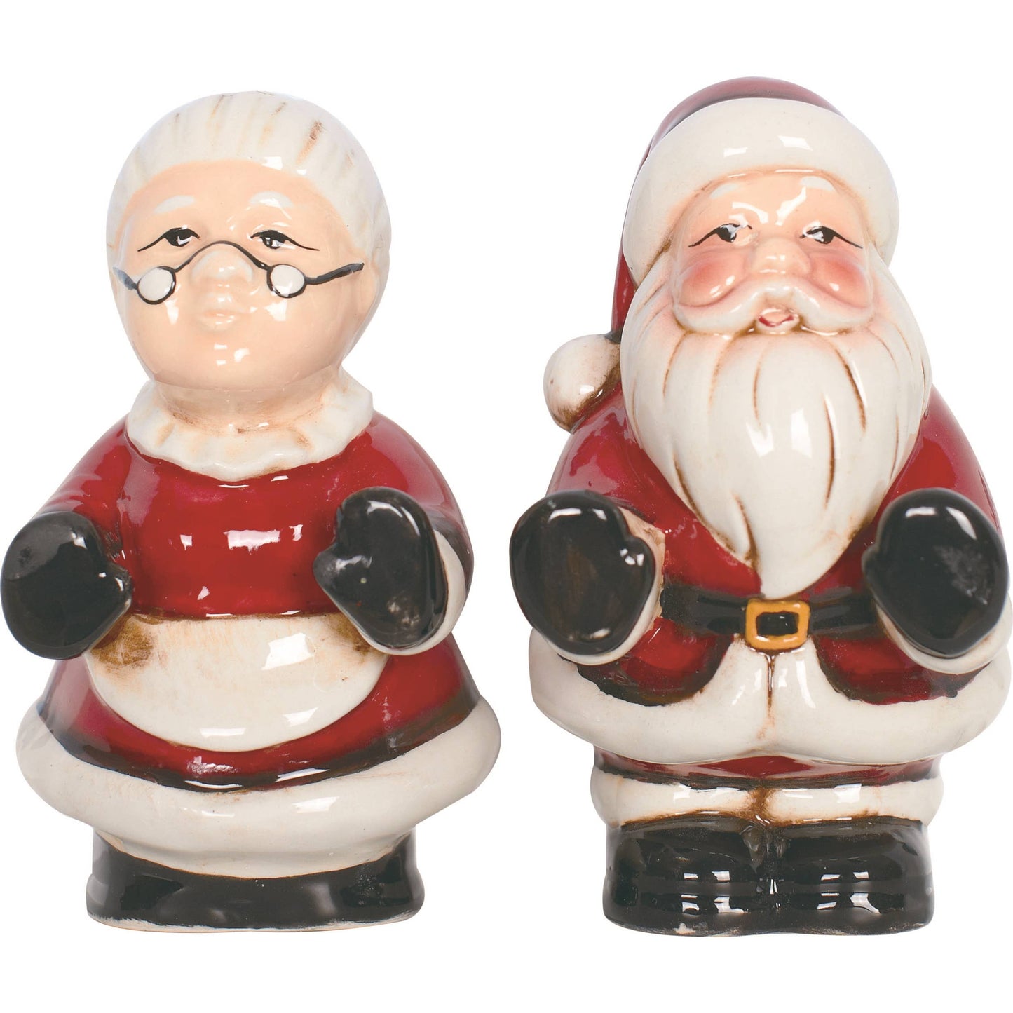 Two ceramic figures of Santa Claus and Mrs. Claus on a white background