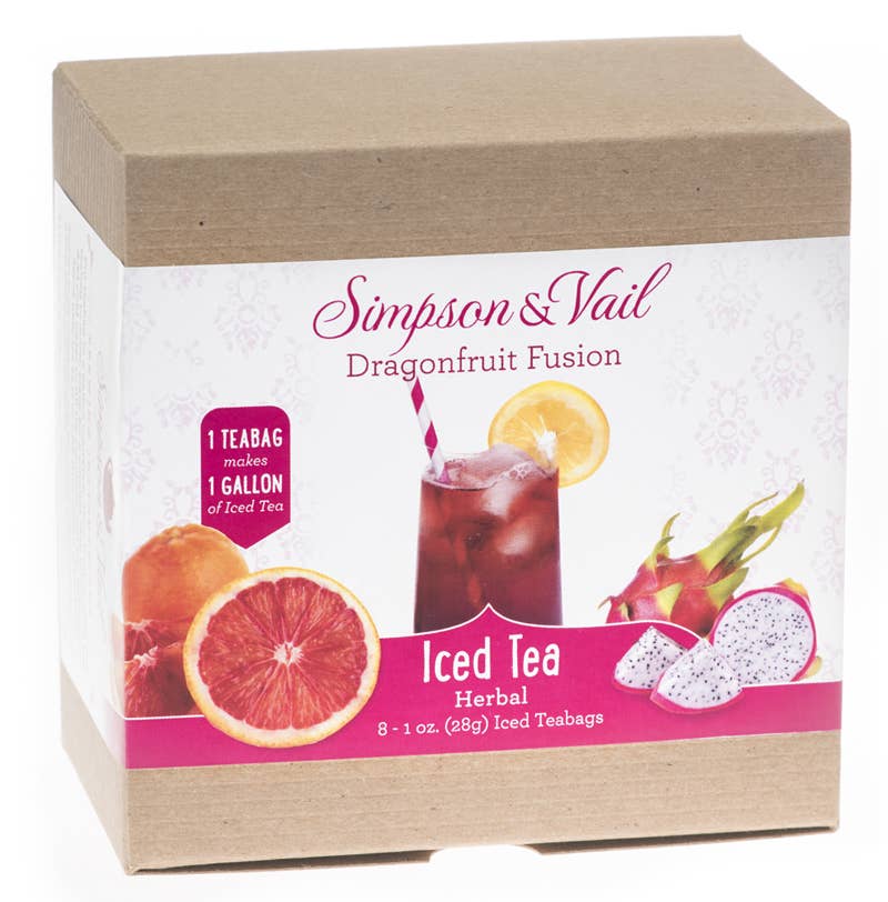 Box of Simpson & Vail Dragonfruit Fusion Iced Tea with dragonfruit and tea bag illustration.