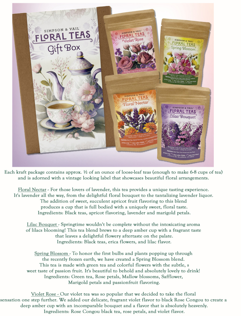 Simpson & Yates Floral Teas gift box with individual tea packages on a light pink background.