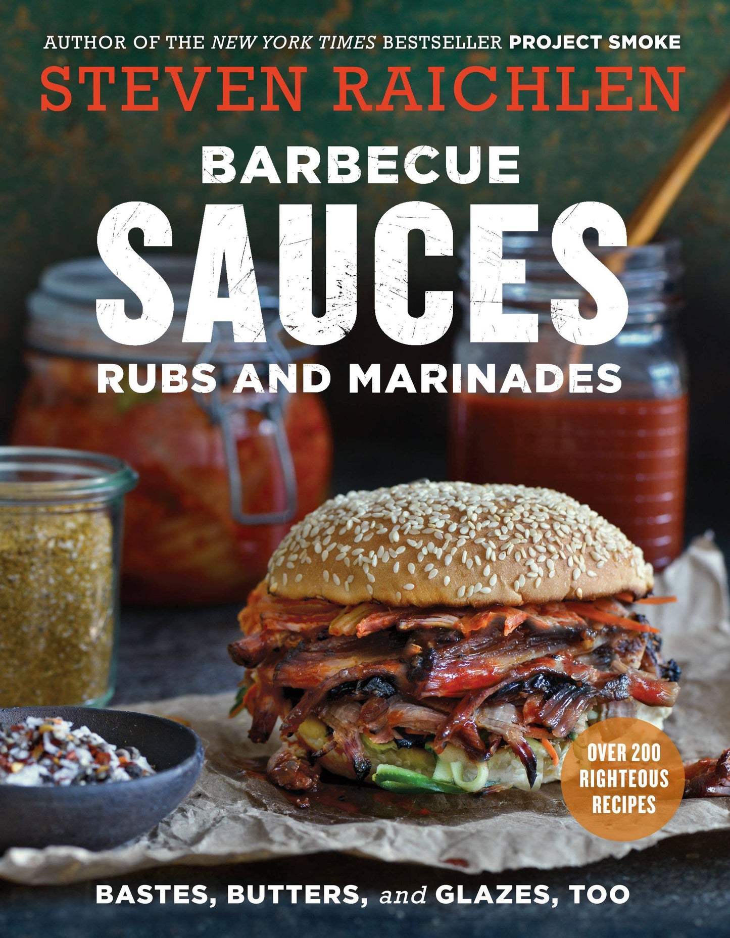 Book cover of 'Barbecue Sauces, Rubs, and Marinades' by Steven Raichlen with a burger and jars of sauce.