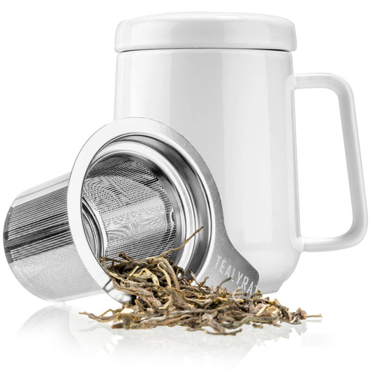 Tealyra Peak Ceramic Mug with Infuser White With Tea