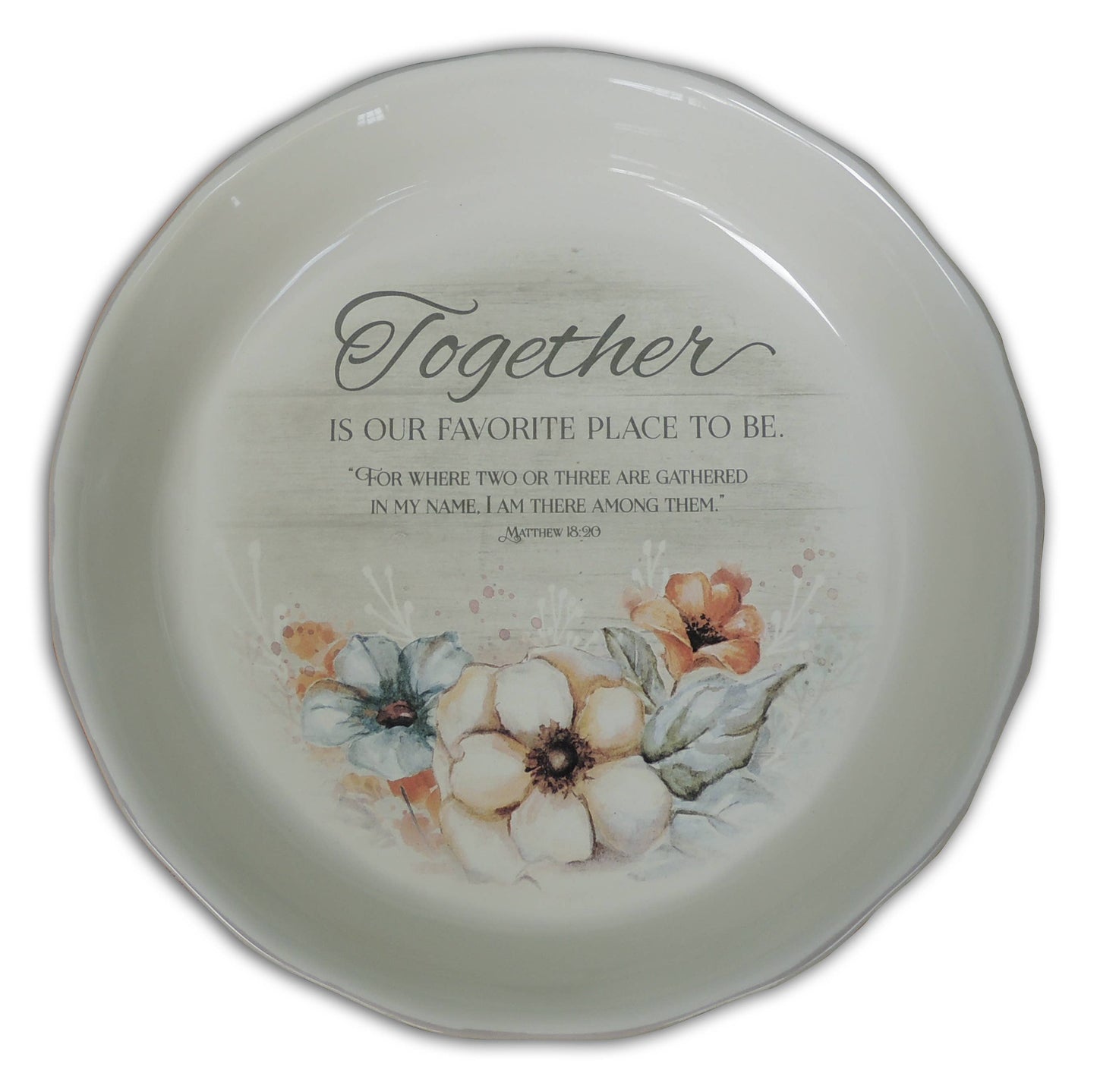 Decorative plate with floral design and inspirational quote on a white background