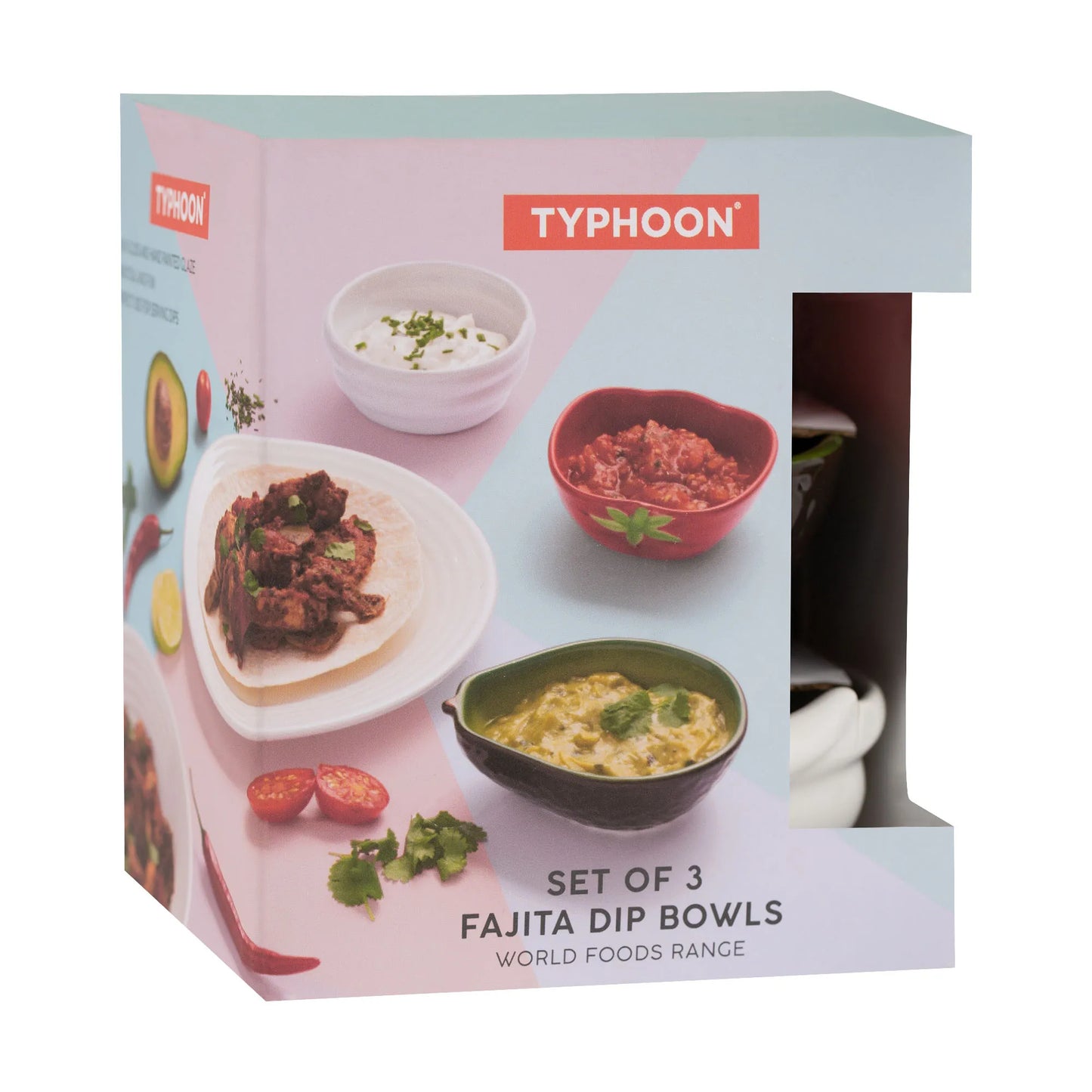 Typhoon set of 3 fajita dip bowls packaging with images of food on a white background