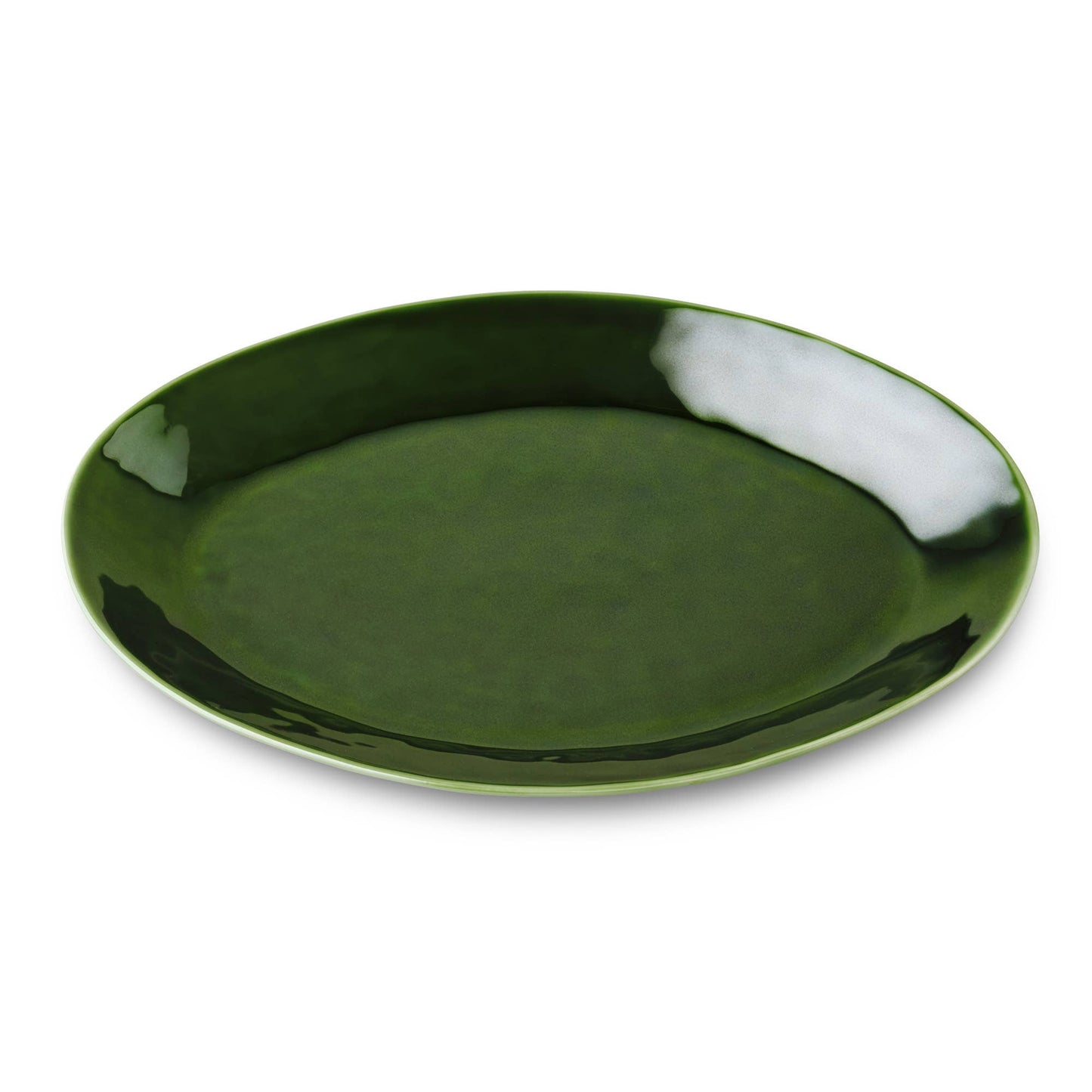Green ceramic platter on a white background