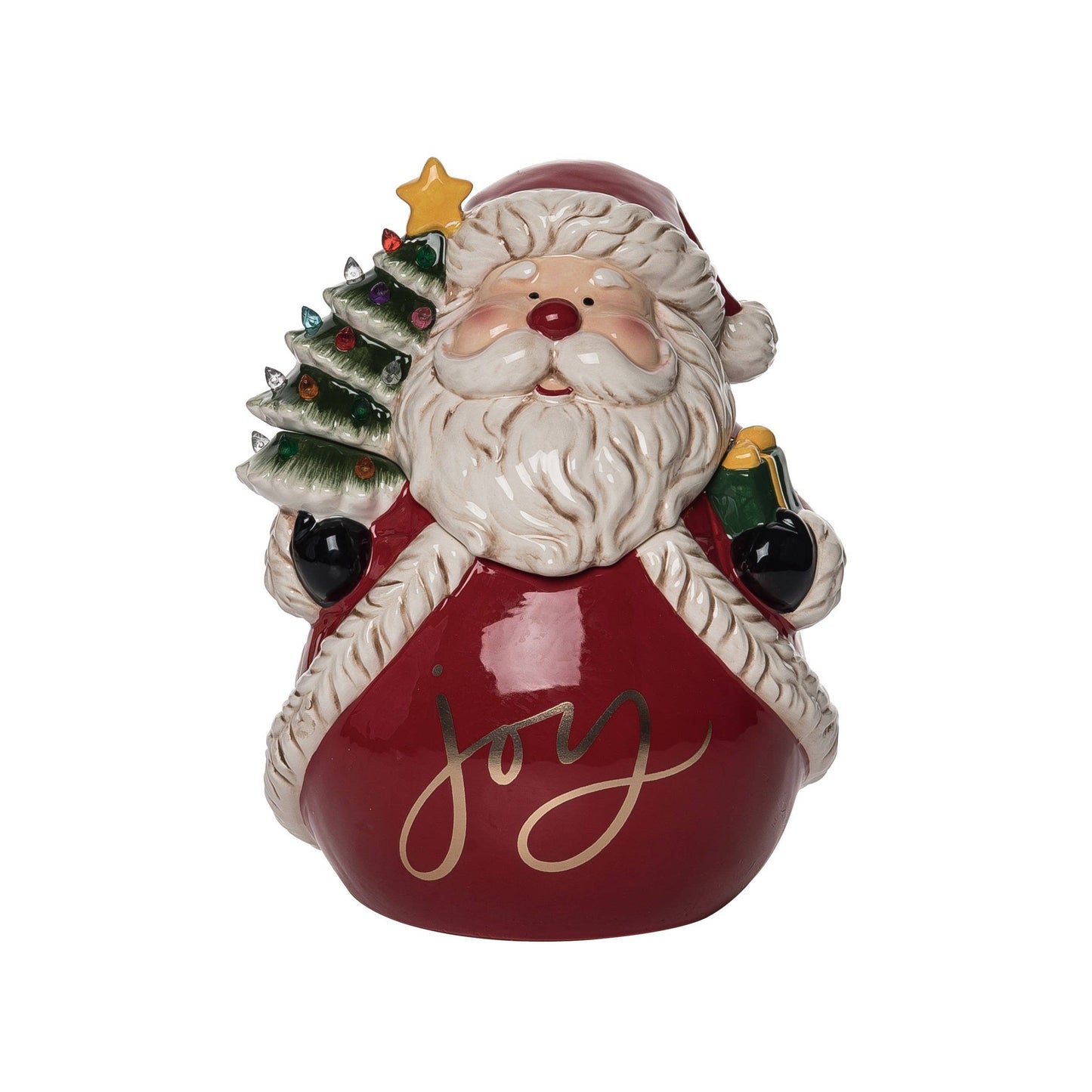 Decorative ceramic cookie jar with Santa Claus with a Christmas tree and 'joy' text on a white background