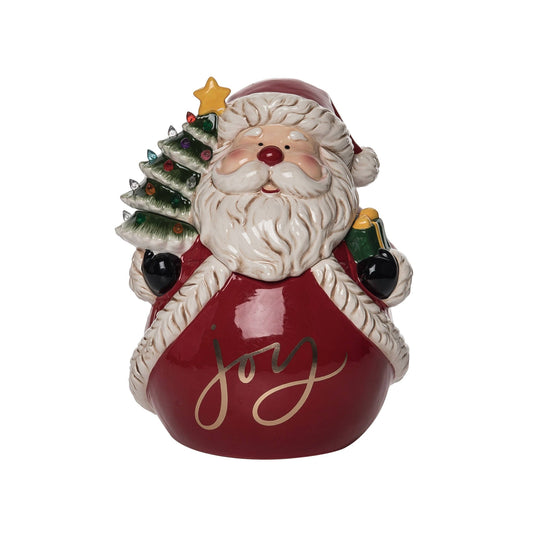 Decorative ceramic cookie jar with  Santa Claus with a Christmas tree and 'joy' text on a white background