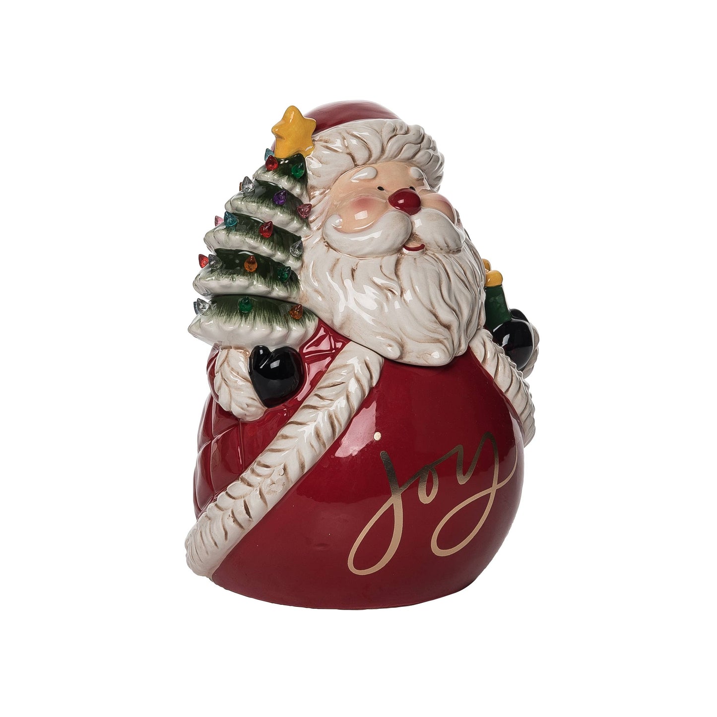 Decorative cookie jar of Santa Claus with a Christmas tree on a red background
