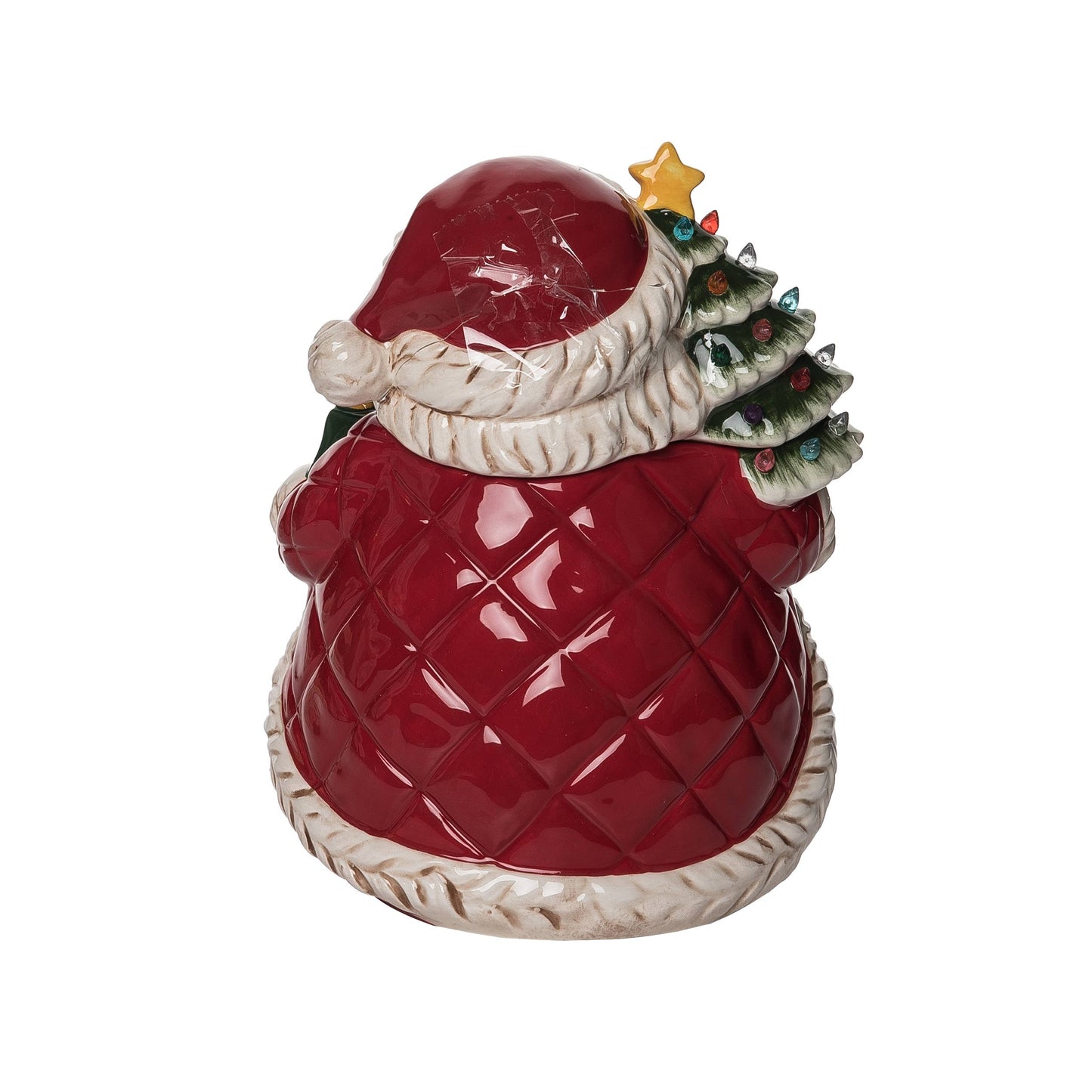 Red ceramic Santa Claus cookie jar with a Christmas tree on a white background
