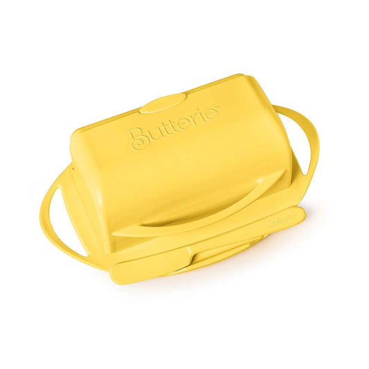 Yellow butter container with 'Butterie' branding on a white background