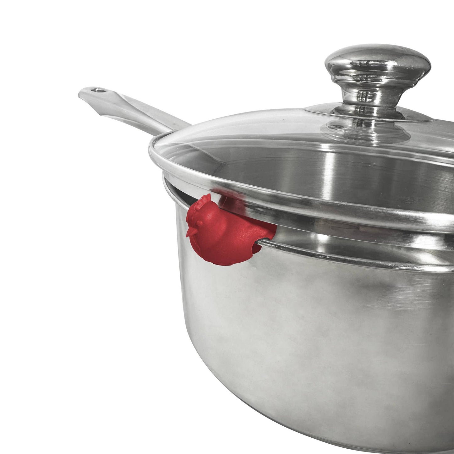 Stainless steel pot with the chicken pot watcher under the lid on a white background