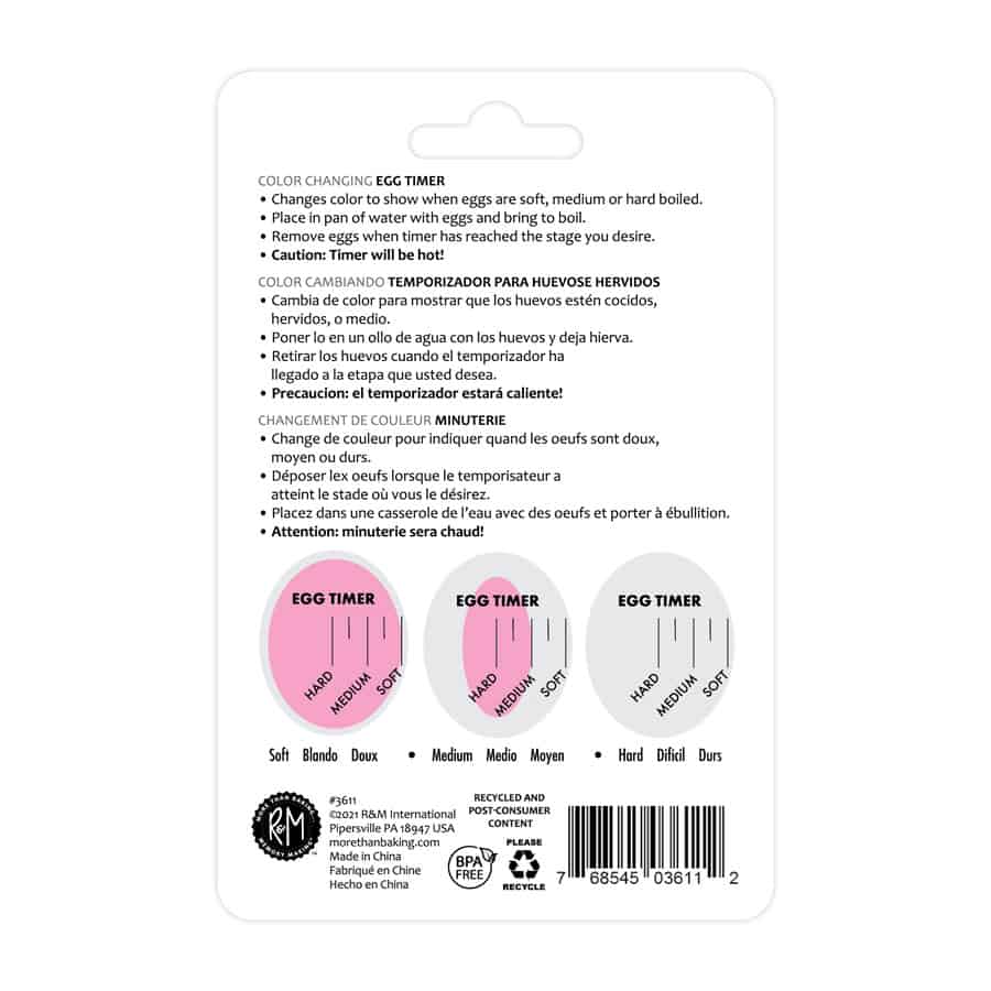 Egg timer packaging with color-changing labels on a white background