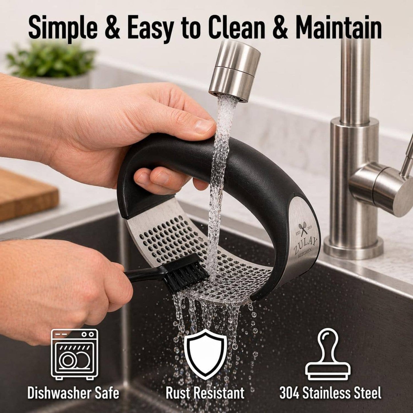 Person washing a black and silver kitchen grater under running water with text highlighting its features.