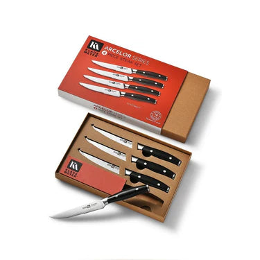 Set of Klaus Meyer Arcelor knives in a branded box on a white background