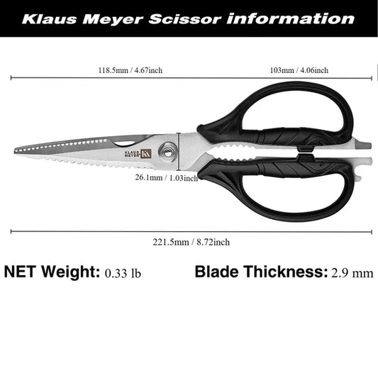 Measurement chart of Klaus Meyer Utility Kitchen Scissors with dimensions and weight details.
