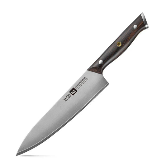 Klaus Meyer Rondure Chef's knife knife with a wooden handle on a white background