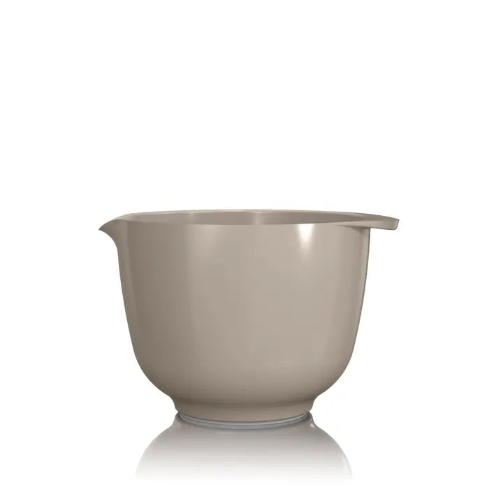 A matte taupe-brown plastic mixing bowl with a pouring spout, shown on a clean white background with a soft reflection underneath.