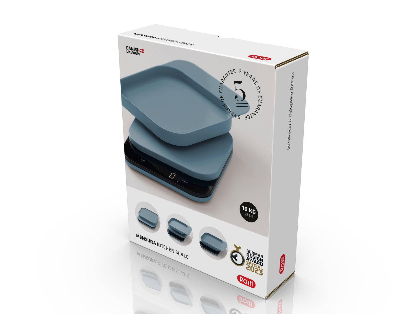A boxed kitchen scale product on a clean white background. The retail box is white with a large photo of the scale in muted blue-gray, plus small printed icons and text including 'Barnes & Noble' and 'Societe'.