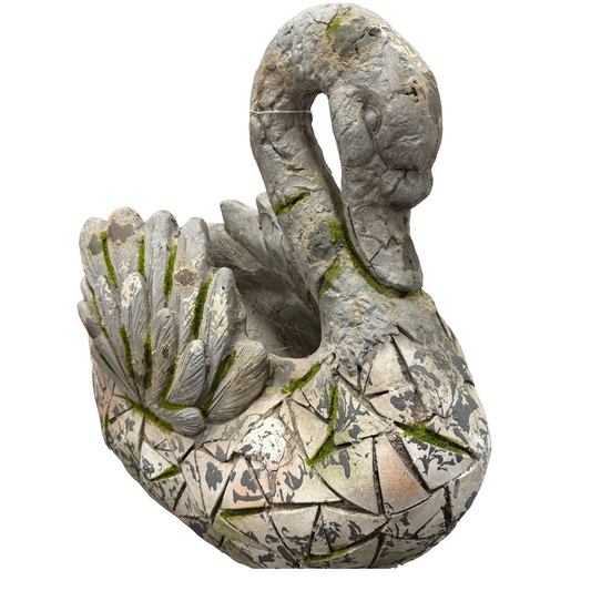 Decorative stone swan planter/sculpture on a white background
