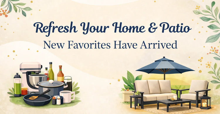 Collection of kitchenwares and patio furniture on a floral background