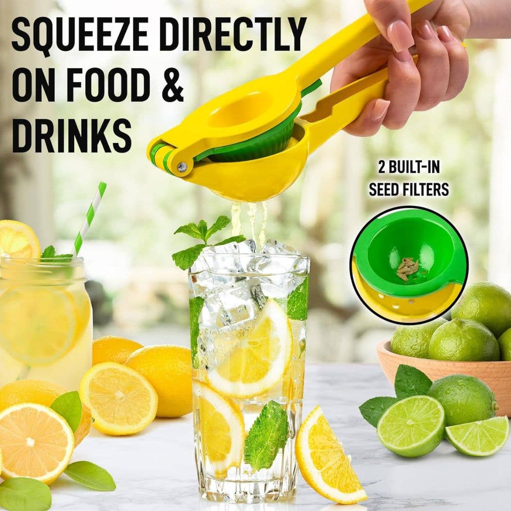 Yellow lemon squeezer squeezing a lemon into a glass of water with lemons and limes on a table.