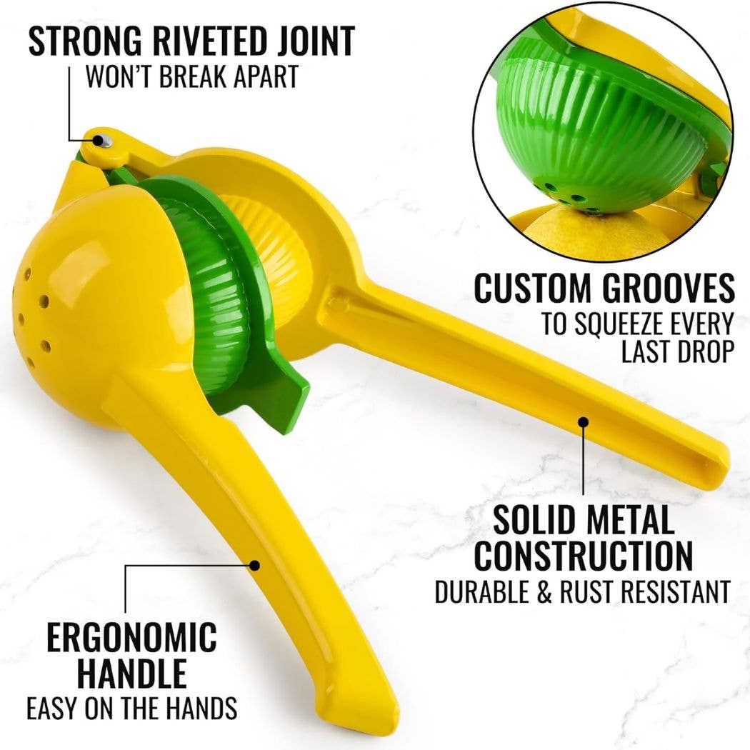 Yellow manual juicer with green juicing chamber on a white background, featuring text highlighting features.