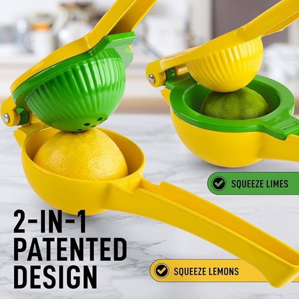 Two lemon squeezers, one green and one yellow, on a marble surface with text indicating their use.