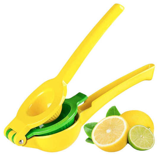 Yellow lemon squeezer with lemons and limes on a white background