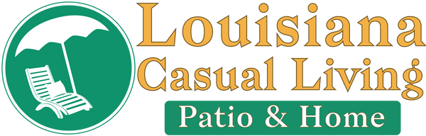 Louisiana Casual Living logo with lounge chair and umbrella icon on a black background