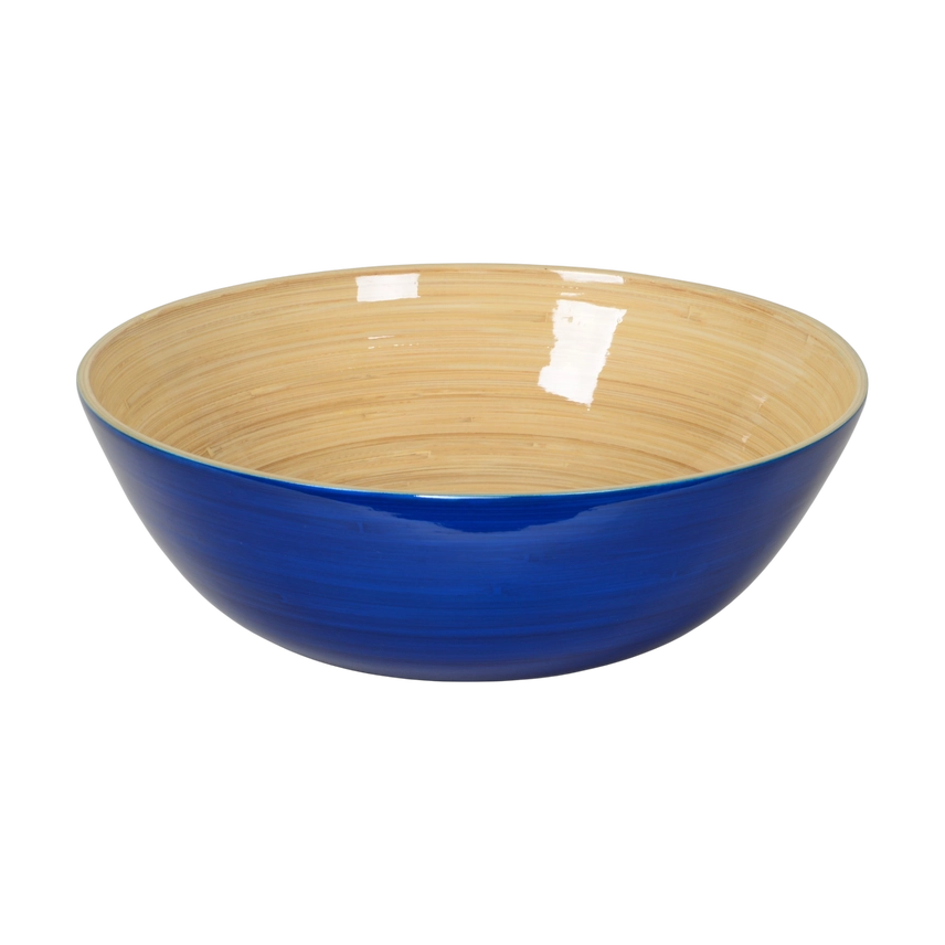 Bowl with blue exterior and beige interior on a white background