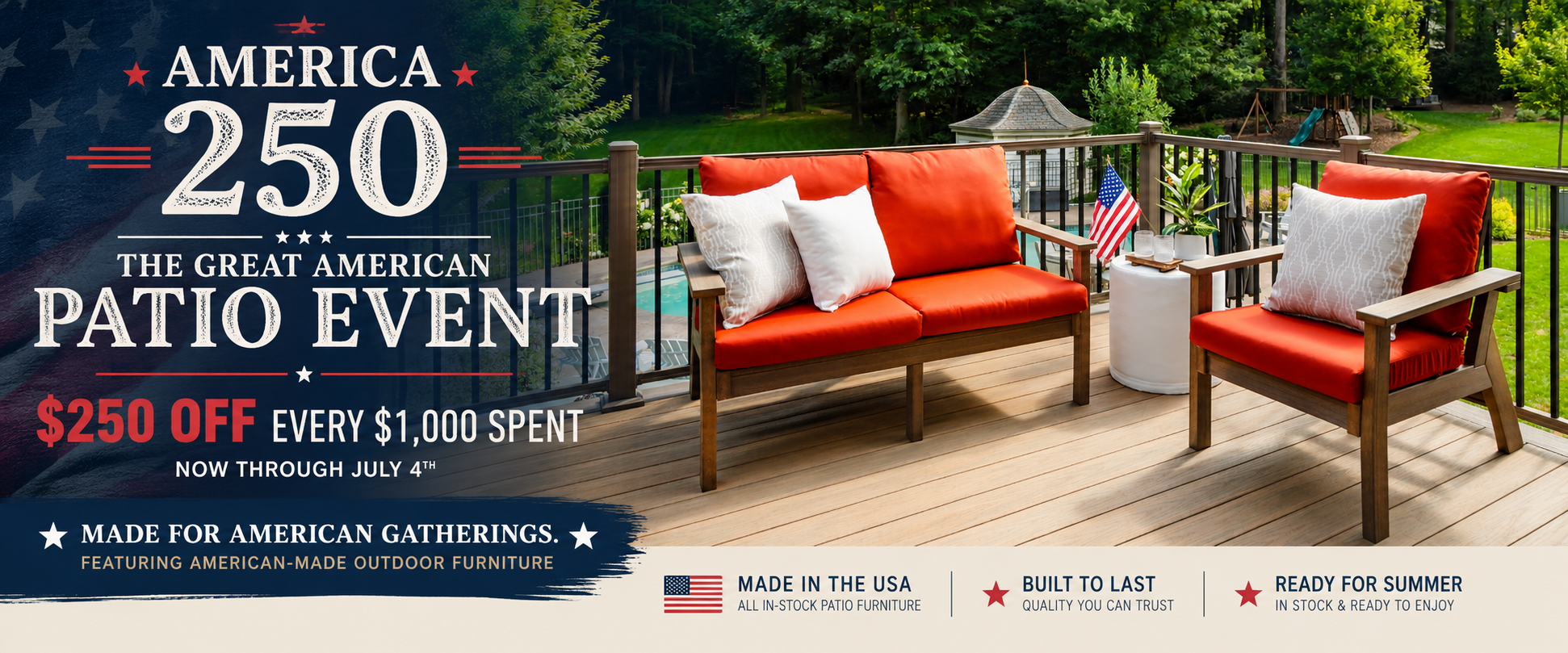 Promotional banner for 'The Great American Patio Event' with outdoor furniture on a deck.