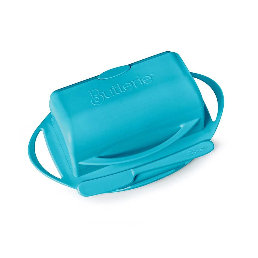 Turquoise butter spreader with 'Butterie' branding on a white background