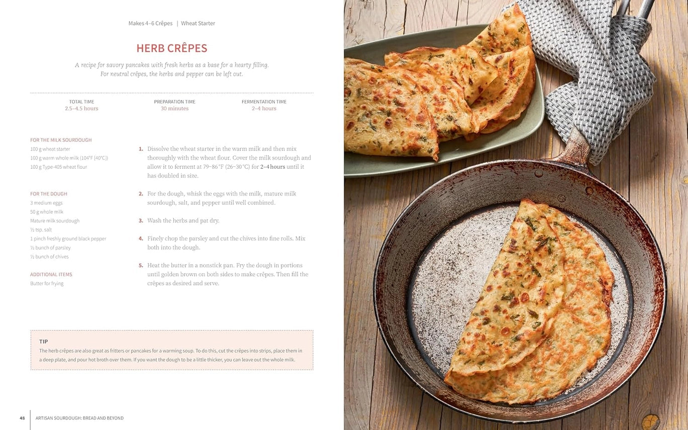 Herb crepes on a plate with a recipe on the left side.