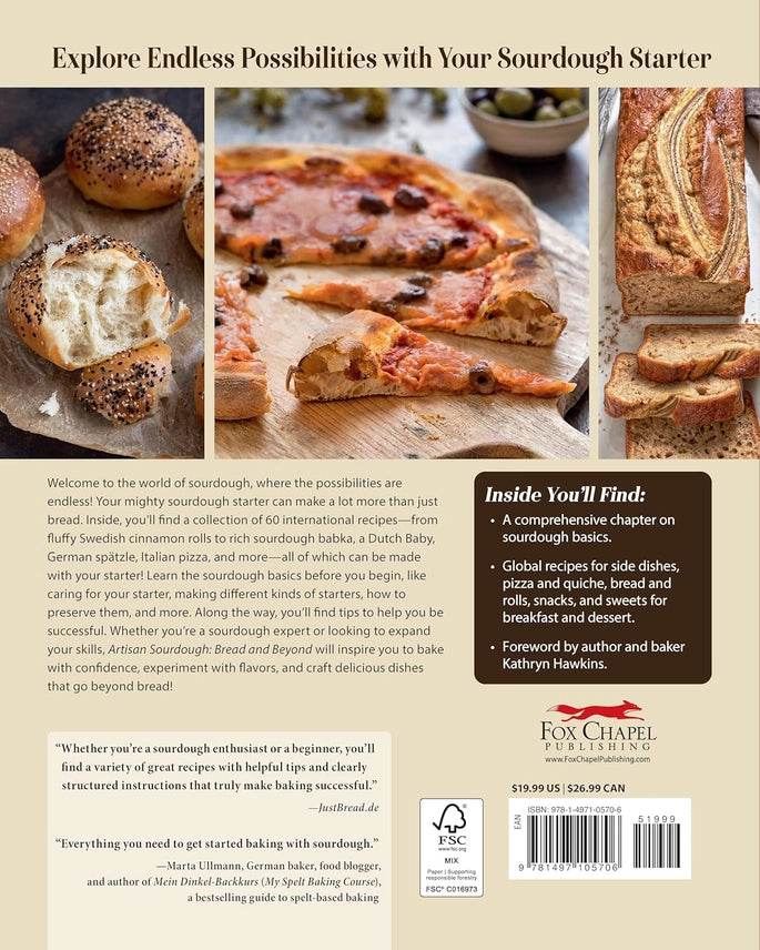 Back cover of a book about sourdough bread with images of bread and pizza.