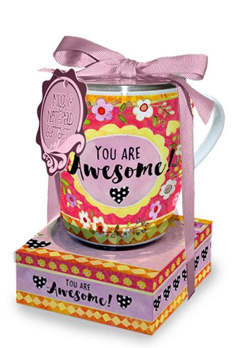 Mug with 'You are Awesome!' text on a colorful box with a pink ribbon