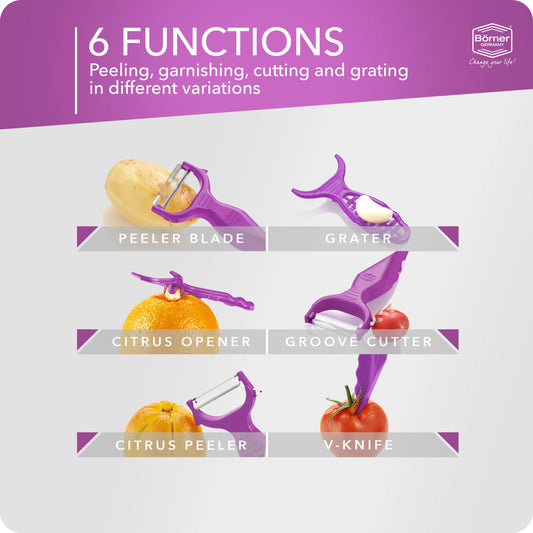 Multifunctional Börner SIX‑IN‑ONE Peeler kitchen tool set with peeler, grater, citrus opener, groove cutter, citrus peeler, and V-knife on a white background.