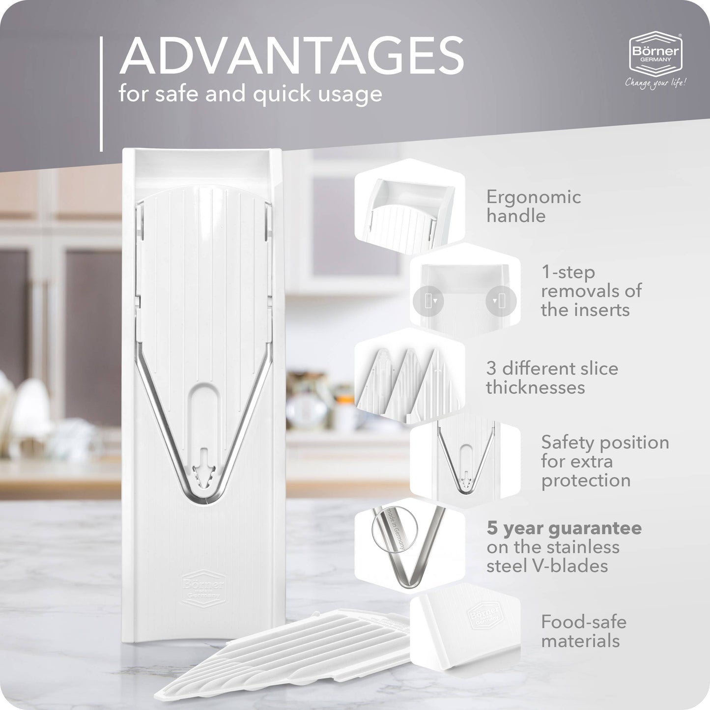 Börner V1 ClassicLine Vegetable Slicer
 with features listed on a gray background